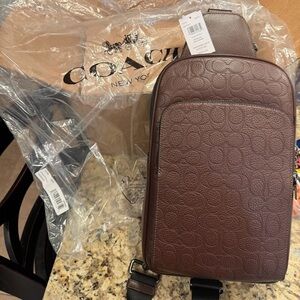 COACH Ethan Pak in Signature Leather Gunmetal/Maple & Card Case Silver/Maple